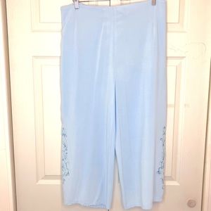 Wrap Open Side Slit Tie Pants Large Blue Embroidered Floral Cotton Beach Summer